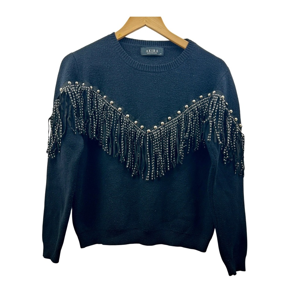 Akira Fringe Stud Sweater Women M/L Black Western Glam Y2K‎ Statement Festival
